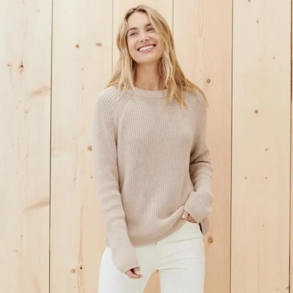 Jenni Kayne Cotton Fisherman Crewneck Knit Sweater Oatmeal